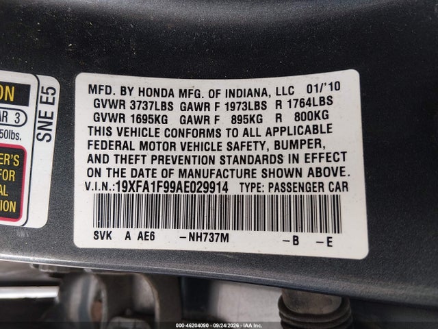 Продажа на аукционе авто 2010 Honda Civic Ex-l, vin: 19XFA1F99AE029914, номер лота: 46204090