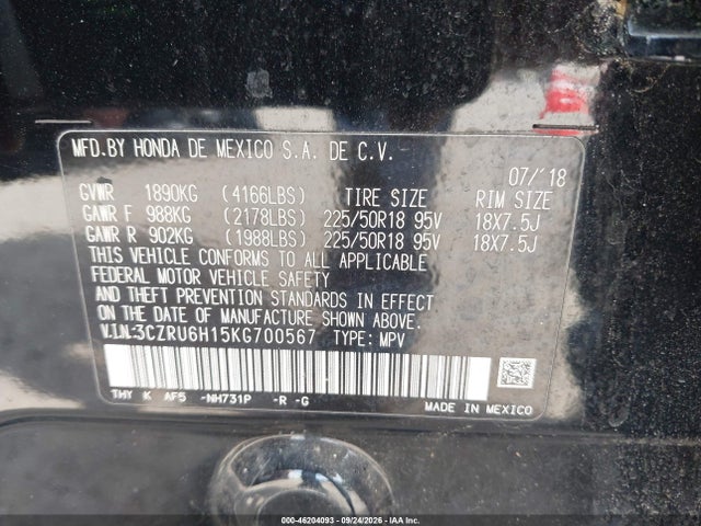 2019 Honda Hr-v Sport მანქანა იყიდება აუქციონზე, vin: 3CZRU6H15KG700567, აუქციონის ნომერი: 46204093