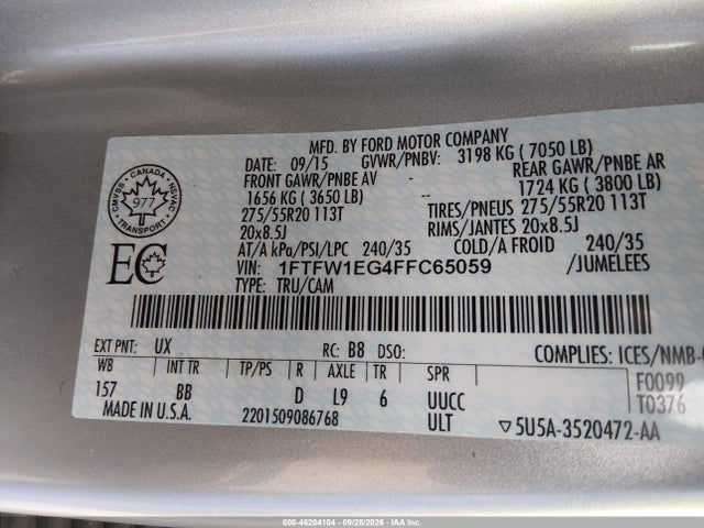 Aukcja sprzedaży 2015 Ford F-150 Platinum, vin: 1FTFW1EG4FFC65059, numer aukcji: 46204104