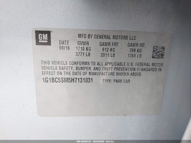 Aukcja sprzedaży 2017 Chevrolet Cruze Ls Auto, vin: 1G1BC5SM5H7131031, numer aukcji: 46204133