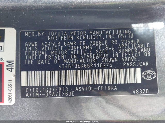 2011 Toyota Camry Le მანქანა იყიდება აუქციონზე, vin: 4T4BF3EK6BR110275, აუქციონის ნომერი: 46204141