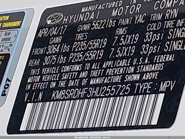 Aukcja sprzedaży 2017 Hyundai Santa Fe Limited Ultimate, vin: KM8SRDHF3HU255725, numer aukcji: 46204145