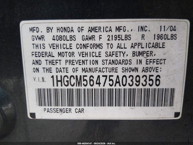 46204147 :رقم المزاد ، 1HGCM56475A039356 vin ، 2005 Honda Accord 2.4 Lx مزاد بيع