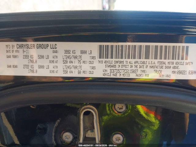 Продажа на аукционе авто 2012 Ram 2500 St, vin: 3C6TD5CT7CG115027, номер лота: 46204151
