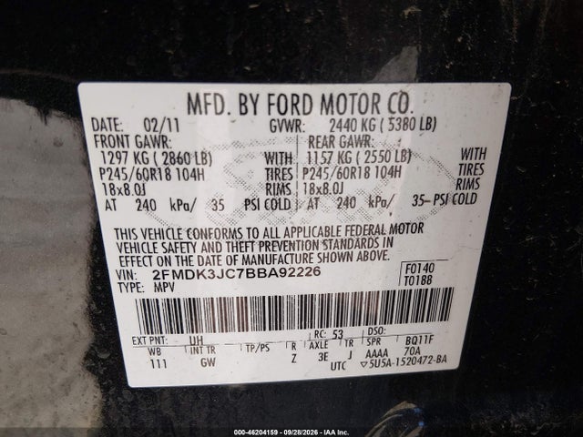 2011 Ford Edge Sel მანქანა იყიდება აუქციონზე, vin: 2FMDK3JC7BBA92226, აუქციონის ნომერი: 46204159