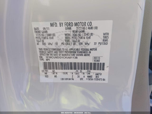46204164 :رقم المزاد ، 1FMCU9DG1CKA81138 vin ، 2012 Ford Escape Xlt مزاد بيع