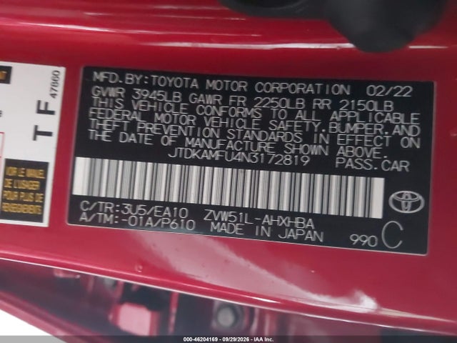 46204169 :رقم المزاد ، JTDKAMFU4N3172819 vin ، 2022 Toyota Prius Xle مزاد بيع