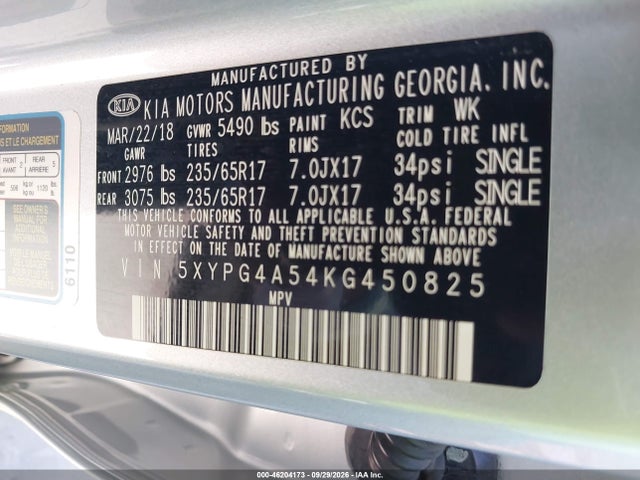 5XYPG4A54KG450825 KIA Sorento 3.3l Lx