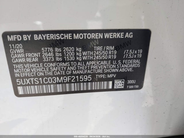 46204229 :رقم المزاد ، 5UXTS1C03M9F21595 vin ، 2021 Bmw X3 Xdrive30e مزاد بيع
