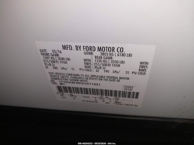 46204232 :رقم المزاد ، 1FM5K8F89GGD11421 vin ، 2016 Ford Explorer Limited مزاد بيع