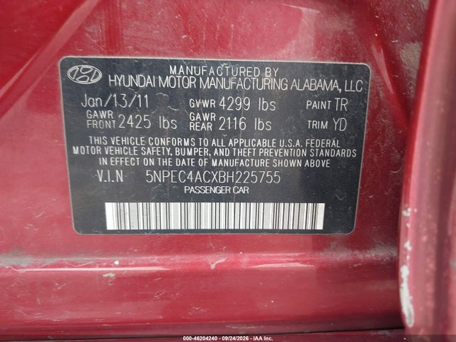 Aukcja sprzedaży 2011 Hyundai Sonata Limited, vin: 5NPEC4ACXBH225755, numer aukcji: 46204240