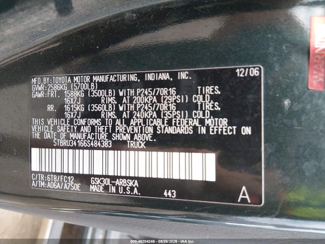 Продаж на аукціоні авто 2006 Toyota Tundra Sr5, vin: 5TBRU34166S484383, номер лоту: 46204246