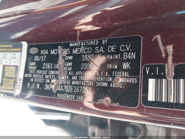 46204251 :رقم المزاد ، 3KPFK4A78JE167352 vin ، 2018 Kia Forte Lx مزاد بيع