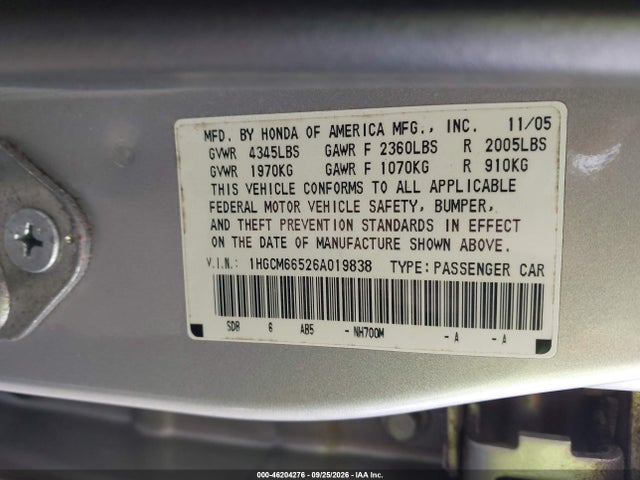 2006 Honda Accord Sdn Ex-l V6 მანქანა იყიდება აუქციონზე, vin: 1HGCM66526A019838, აუქციონის ნომერი: 46204276