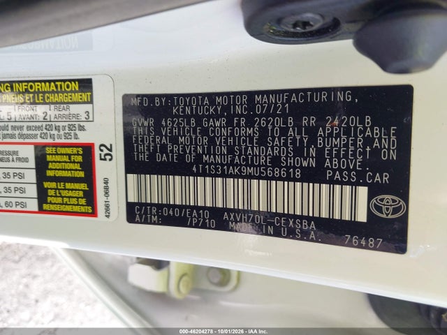 Aukcja sprzedaży 2021 Toyota Camry Se Hybrid, vin: 4T1S31AK9MU568618, numer aukcji: 46204278