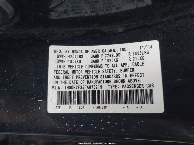 Продажа на аукционе авто 2015 Honda Accord Lx, vin: 1HGCR2F38FA070219, номер лота: 46204281