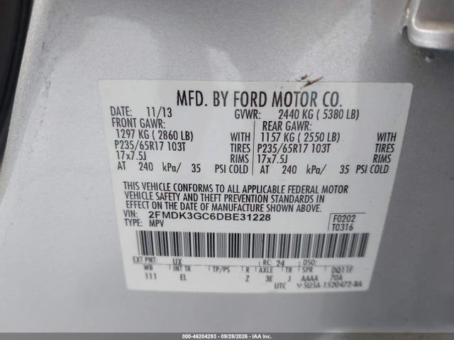 46204293 :رقم المزاد ، 2FMDK3GC6DBE31228 vin ، 2013 Ford Edge Se مزاد بيع