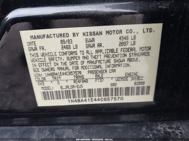 Продаж на аукціоні авто 2004 Nissan Maxima 3.5 Sl, vin: 1N4BA41E44C857570, номер лоту: 46204295