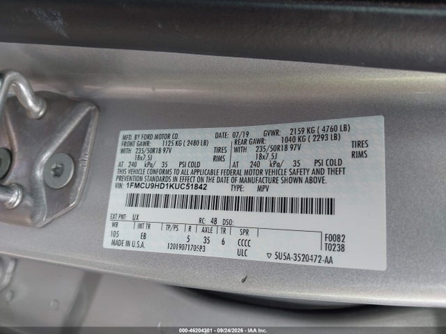 46204301 :رقم المزاد ، 1FMCU9HD1KUC51842 vin ، 2019 Ford Escape Sel مزاد بيع