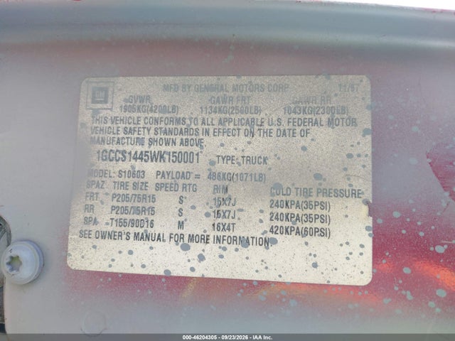 Продаж на аукціоні авто 1998 Chevrolet S-10 Ls Fleetside, vin: 1GCCS1445WK150001, номер лоту: 46204305