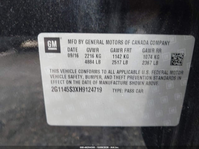 2017 Chevrolet Impala 2lz მანქანა იყიდება აუქციონზე, vin: 2G1145S3XH9124719, აუქციონის ნომერი: 46204308