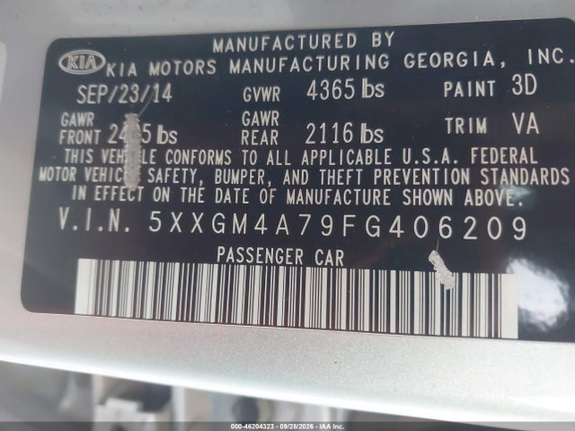 2015 Kia Optima Lx მანქანა იყიდება აუქციონზე, vin: 5XXGM4A79FG406209, აუქციონის ნომერი: 46204323