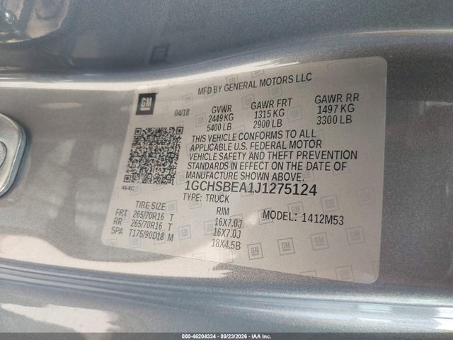 2018 Chevrolet Colorado Wt მანქანა იყიდება აუქციონზე, vin: 1GCHSBEA1J1275124, აუქციონის ნომერი: 46204334