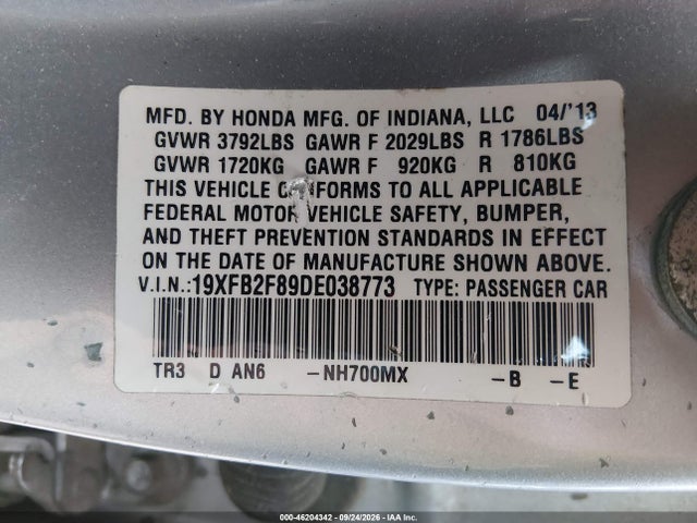 2013 Honda Civic Sdn Ex მანქანა იყიდება აუქციონზე, vin: 19XFB2F89DE038773, აუქციონის ნომერი: 46204342