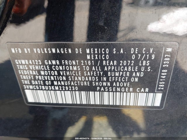 3VWC57BU3KM229230 Volkswagen Jetta 1.4t R-line/1.4t S/1.4t Se
