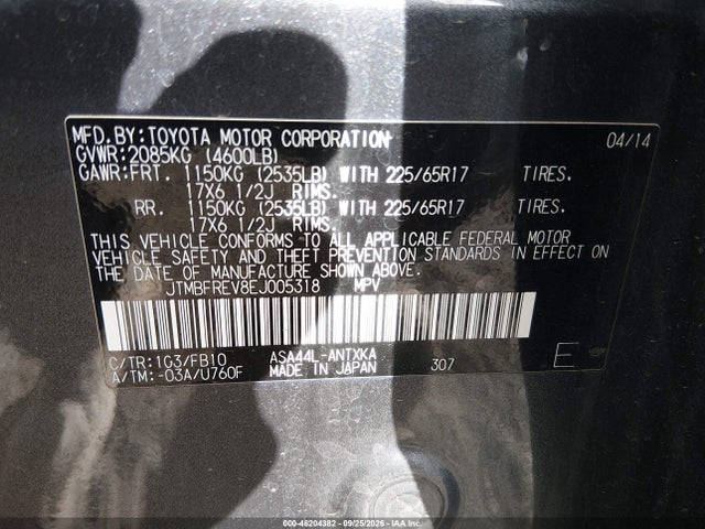 46204382 :رقم المزاد ، JTMBFREV8EJ005318 vin ، 2014 Toyota Rav4 Le مزاد بيع