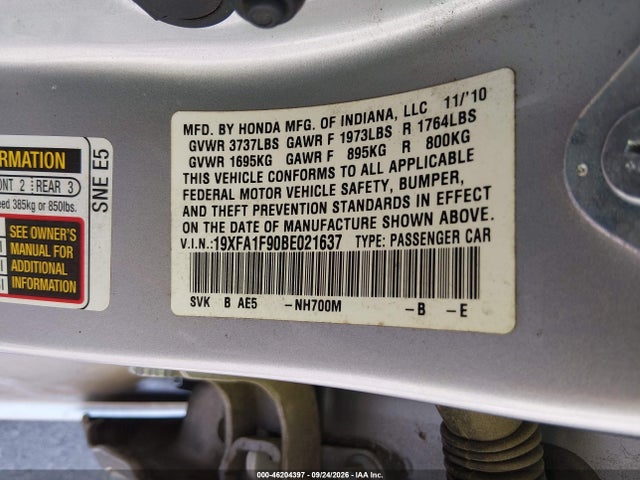 2011 Honda Civic Sdn Ex-l მანქანა იყიდება აუქციონზე, vin: 19XFA1F90BE021637, აუქციონის ნომერი: 46204397
