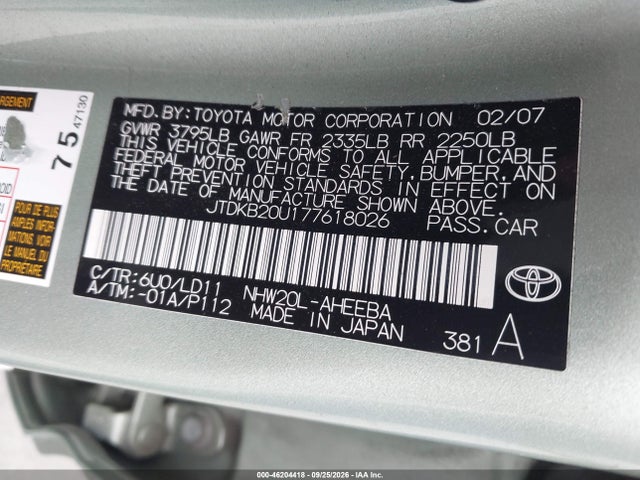 Auction sale of the 2007 Toyota Prius, vin: JTDKB20U177618026, lot number: 46204418