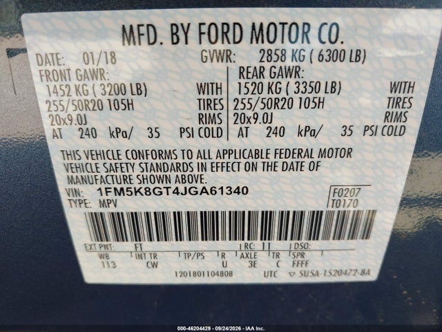46204429 :رقم المزاد ، 1FM5K8GT4JGA61340 vin ، 2018 Ford Explorer Sport مزاد بيع