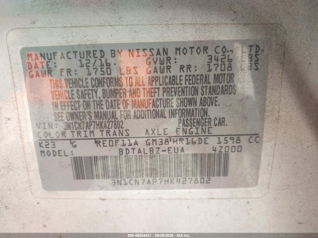2017 Nissan Versa 1.6 Sv მანქანა იყიდება აუქციონზე, vin: 3N1CN7AP7HK427802, აუქციონის ნომერი: 46204431