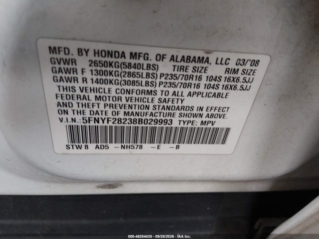 46204435 :رقم المزاد ، 5FNYF28238B029993 vin ، 2008 Honda Pilot Vp مزاد بيع