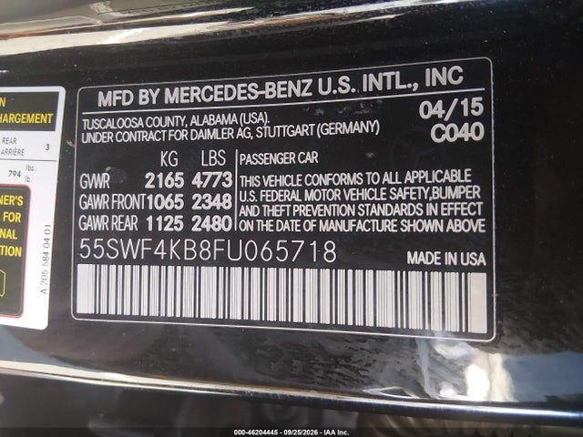 2015 Mercedes-benz C 300 4matic მანქანა იყიდება აუქციონზე, vin: 55SWF4KB8FU065718, აუქციონის ნომერი: 46204445