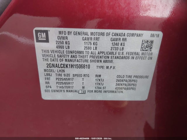2017 Chevrolet Equinox Lt მანქანა იყიდება აუქციონზე, vin: 2GNALCEK1H1506810, აუქციონის ნომერი: 46204456