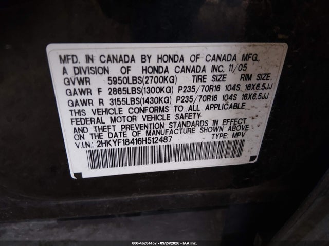 Продаж на аукціоні авто 2006 Honda Pilot Ex, vin: 2HKYF18416H512487, номер лоту: 46204457