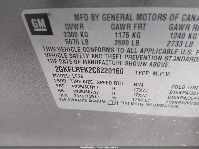 46204467 :رقم المزاد ، 2GKFLREK2C6220160 vin ، 2012 Gmc Terrain Sle-1 مزاد بيع