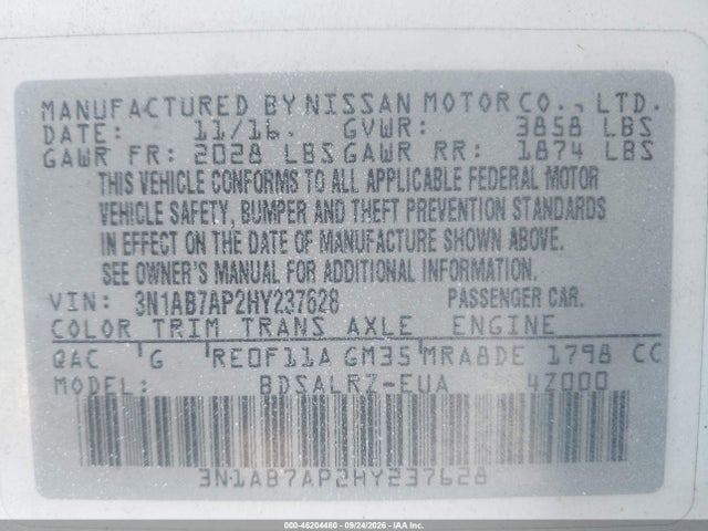 46204480 :رقم المزاد ، 3N1AB7AP2HY237628 vin ، 2017 Nissan Sentra Sr مزاد بيع