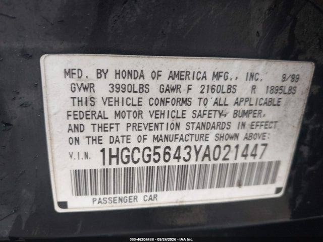 Продаж на аукціоні авто 2000 Honda Accord Sdn Lx, vin: 1HGCG5643YA021447, номер лоту: 46204488