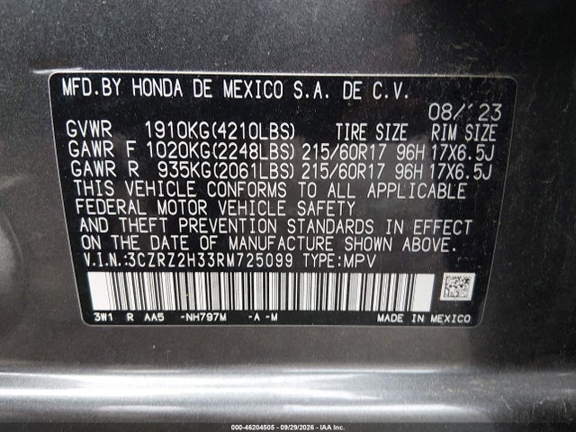 46204505 :رقم المزاد ، 3CZRZ2H33RM725099 vin ، 2024 Honda Hr-v Awd Lx مزاد بيع
