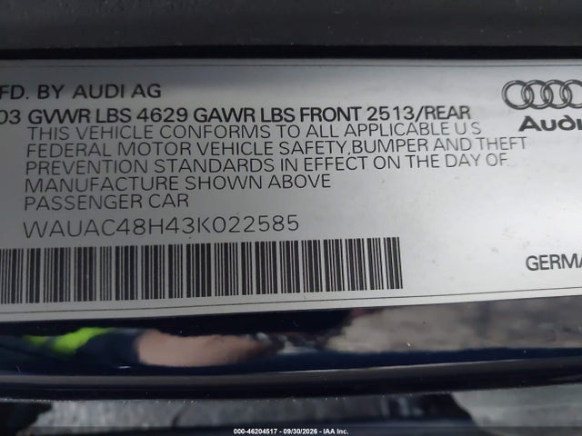 46204517 :رقم المزاد ، WAUAC48H43K022585 vin ، 2003 Audi A4 1.8t مزاد بيع