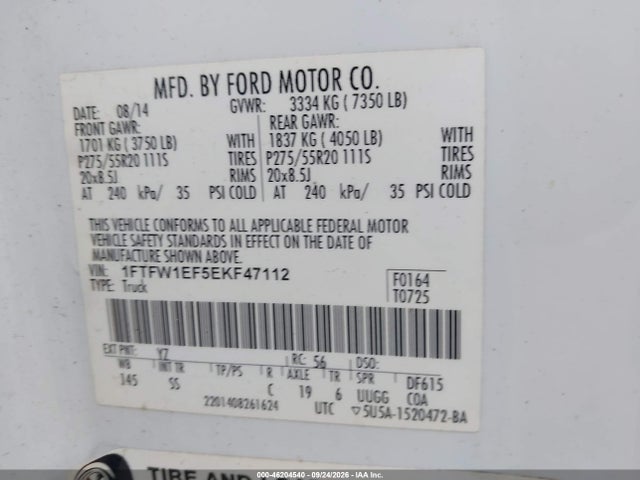 46204540 :رقم المزاد ، 1FTFW1EF5EKF47112 vin ، 2014 Ford F-150 Stx مزاد بيع