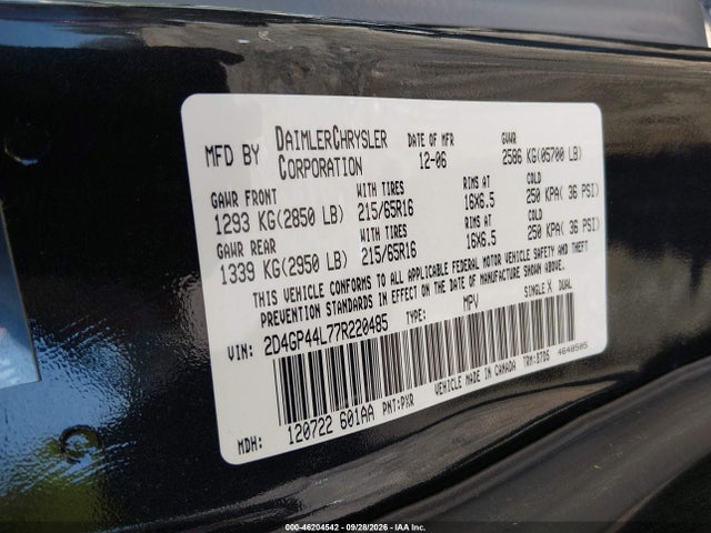 2007 Dodge Grand Caravan Sxt მანქანა იყიდება აუქციონზე, vin: 2D4GP44L77R220485, აუქციონის ნომერი: 46204542