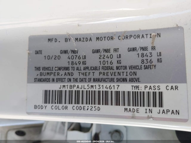 2021 Mazda Mazda3 2.5 S მანქანა იყიდება აუქციონზე, vin: JM1BPAJL5M1314617, აუქციონის ნომერი: 46204548