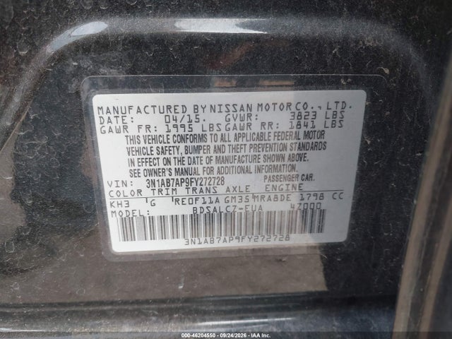 46204550 :رقم المزاد ، 3N1AB7AP9FY272728 vin ، 2015 Nissan Sentra S مزاد بيع
