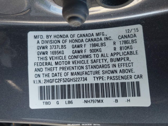 2016 Honda Civic Lx მანქანა იყიდება აუქციონზე, vin: 2HGFC2F52GH522734, აუქციონის ნომერი: 46204565