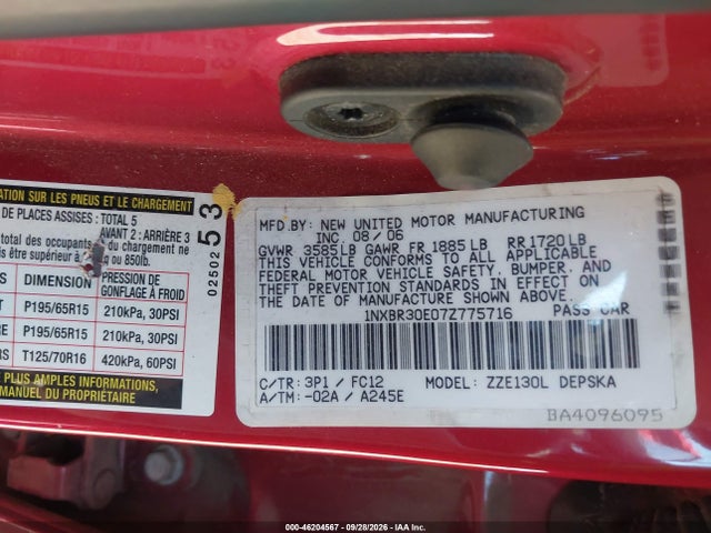 Aukcja sprzedaży 2007 Toyota Corolla S, vin: 1NXBR30E07Z775716, numer aukcji: 46204567