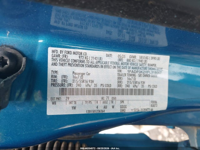 46204572 :رقم المزاد ، 1FADP3K2XFL318007 vin ، 2015 Ford Focus Se مزاد بيع